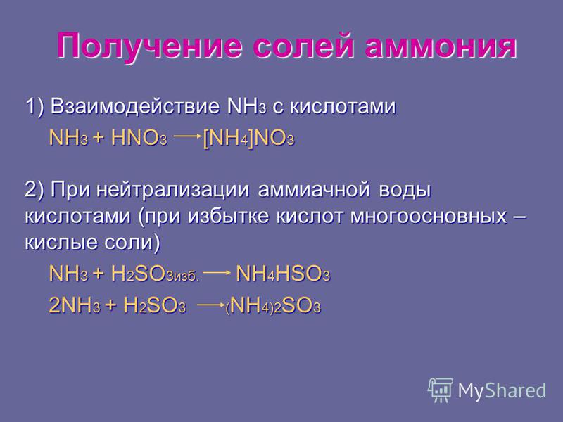 Аммиак и избыток серной кислоты. Реакции получения солей аммония.