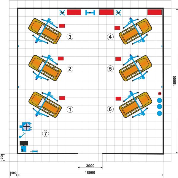 Расположение машин. Расположение подъемников в автосервисе чертеж. Схема расстановки оборудования в автосервисе. Чертеж автосервиса с 2 подъемниками. Размещение подъемников в автосервисе схема.
