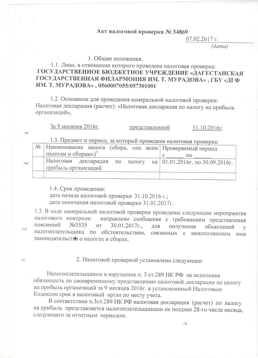 Акт налоговой проверки образец заполнения