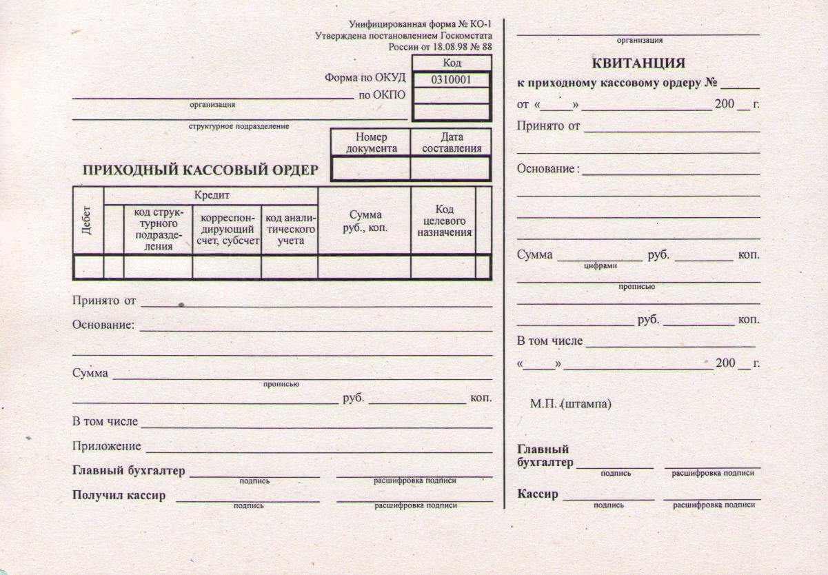 Приходно кассовый ордер бланк образец заполненный