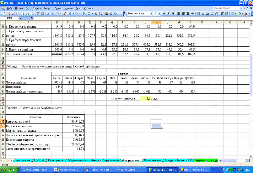 Расчет срока окупаемости проекта в excel